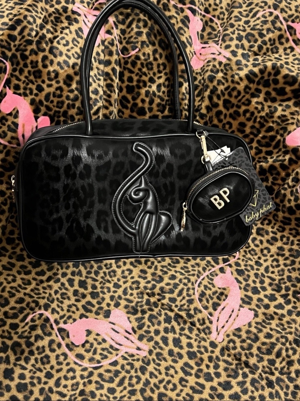 Baby Phat Black Leopard-Print Shoulder Bag with Elephant AppliquƩ